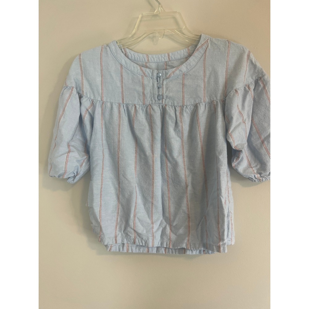 Old Navy Girls Blue Striped Linen Blend Puff Sleeve Blouse Top Size M 8